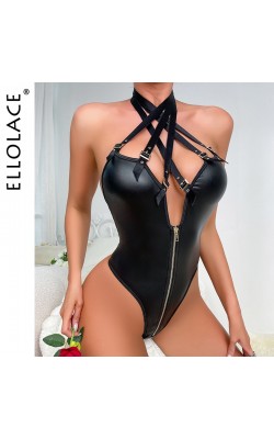 Ellolace Leather Bodysuit Halter Buckle Hot Sexy Body Uncensored Fetish Pvc Crotchless Teddy Deep-V Zipper Fantasia Latex Tops