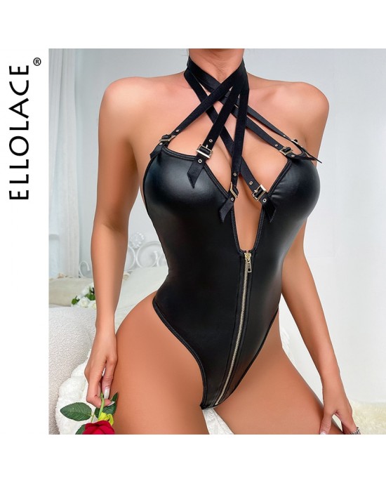 Ellolace Leather Bodysuit Halter Buckle Hot Sexy Body Uncensored Fetish Pvc Crotchless Teddy Deep-V Zipper Fantasia Latex Tops