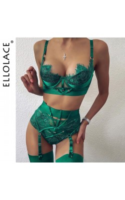 Ellolace Lingerie Sexy Bra Women's Underwear Set Lace Bandage Lingerie Set Sexy Push up Lenceria 3 Piece Set Erotic Lingerie