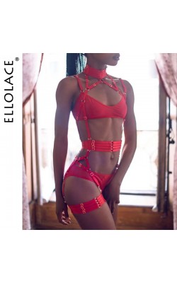 Ellolace Sexy Lingerie Halter Bandage Underweat 4-Piece Sheer Lace Sensual Erotic Garter Belt Set Red Intimate