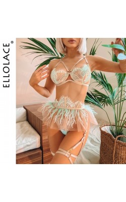 Ellolace Feather Delicate Lingerie Sexy Underwear Luxury Lace Set Woman 3 Pieces Sissy Bilizna Outfit Intimate Exotic Sets