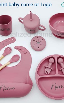 9Pcs Baby Silicone Feeding Sets Suction Cup Bowl Dishes Kids Spoon Fork Feeding Snack Cup Personalized Name Baby's Tableware