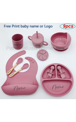 9Pcs Baby Silicone Feeding Sets Suction Cup Bowl Dishes Kids Spoon Fork Feeding Snack Cup Personalized Name Baby's Tableware