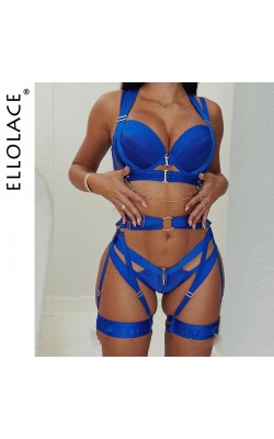Ellolace Fine Lingerie Sexy Women's Underwear Crotchless 3-Piece Garter Bra And Panty Set Luxury Erotic Outfit Seamless Intimate