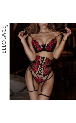 Ellolace Sensual Lingerie Sexy Embroidery Bandage Breves Sets Garters Briefs Luxury 3-Piece Whuta Hot Erotic Delicate Underwear