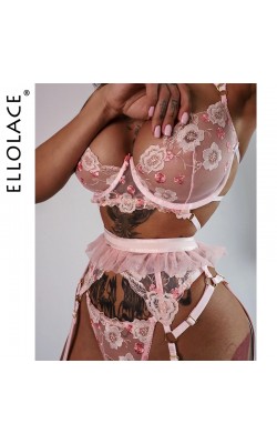 Ellolace Erotic Lingerie Sexy Lace Sensual Underwear Set Floral Transparent Brief Sets 3 Piece Push Up Underwire Bra and Panty